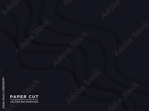 Black realistic paper cut background. Dark abstract wavy paper layers on a black background.