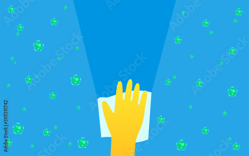 Sanitization Vector illustration in flat design with empty space Hand in yellow glove is cleaning blue surface of viruses