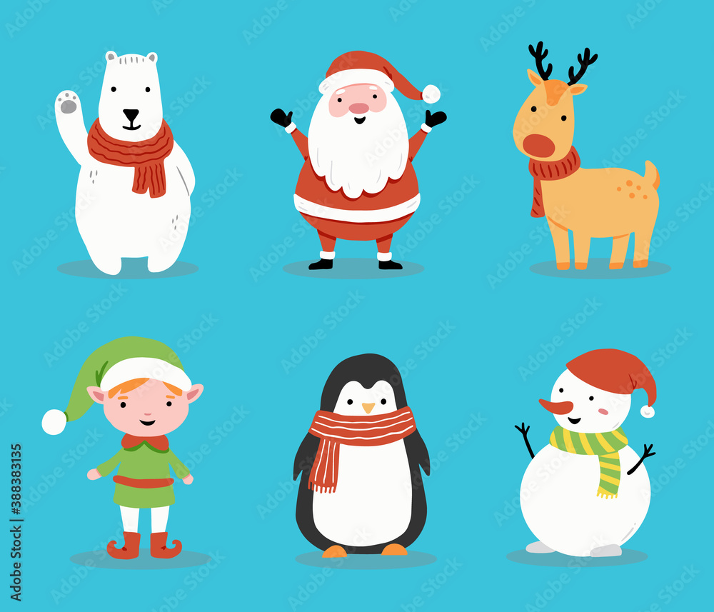 Obraz premium Set of cartoon Santa Claus, deer, snowman, penguin for christmas banner, greeting card illustration. Happy cute character christmas collection.