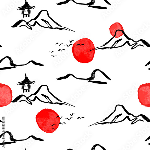 Chinese mountain asian art seamless pattern
