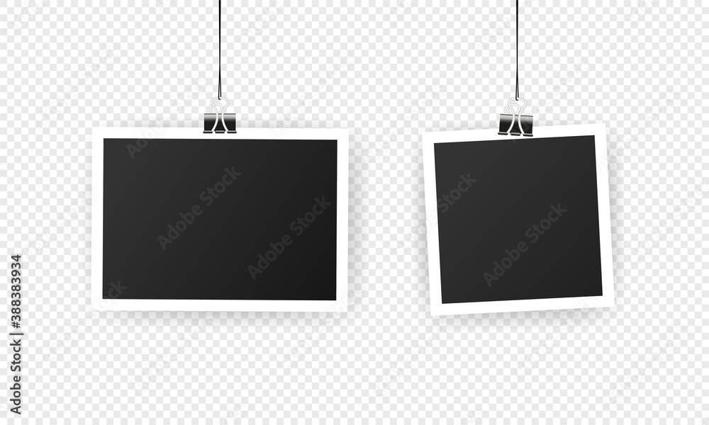 Photo frame. Mockup design. Blank photo frame set hanging on a clip. Black empty place for your text or photo. Vector solated on transparent background. Photo frame. Mockup design. Blank photo frame set hanging on a clip. Black empty place for your text or photo. Vector solated on transparent background.