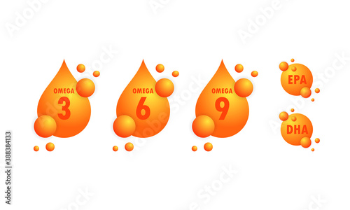 Omega acids. EPA, DHA drops set. Omega three, six and nine. Organic Vitamin. Fish oil gold capsule. Golden drops. Vector on isolated white background. EPS 10