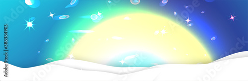 Winter arctic north and south pole landscape wit sun and northen lights. Paper cut light box christmas new year background design. Old fairy tale illustration