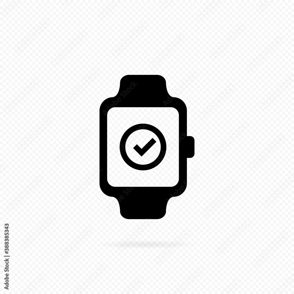 Smart watch line icon. Smart watch with check mark button icon . Media player on watch. Vector on isolated transparent background. EPS 10. Smart watch line icon. Smart watch with check mark button icon . Media player on watch. Vector on isolated transparent background. EPS 10.