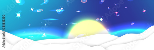 Winter arctic north and south pole landscape wit sun and northen lights. Paper cut light box christmas new year background design. Old fairy tale illustration