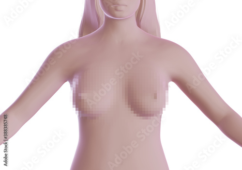 Woman naked bust covered by pixels, prohibited content and adult content concept, 3d render