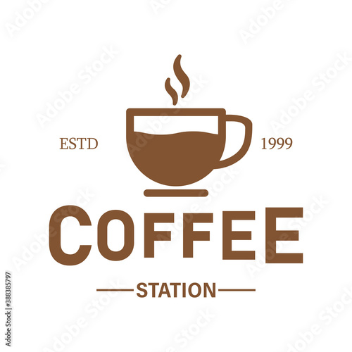 Coffee station logo for coffee shop. Hot coffee station icon in flat style. Vector on isolated white background. EPS 10