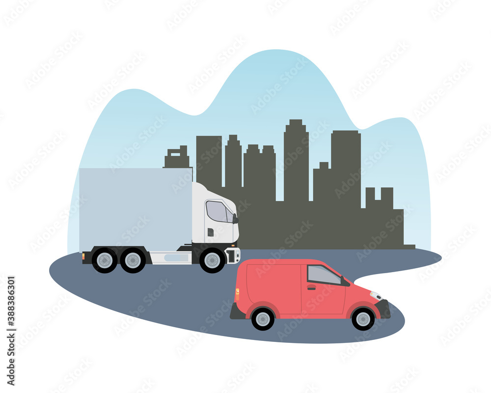 white truck and red van vehicle transport isolated icon