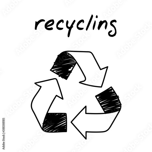 Recycling symbol handdrawn illustration. Cartoon vector clip art of a recycling label with arrows. Black and white sketch of a concept of environmental conservation, waste reuse symbol, eco-friendly