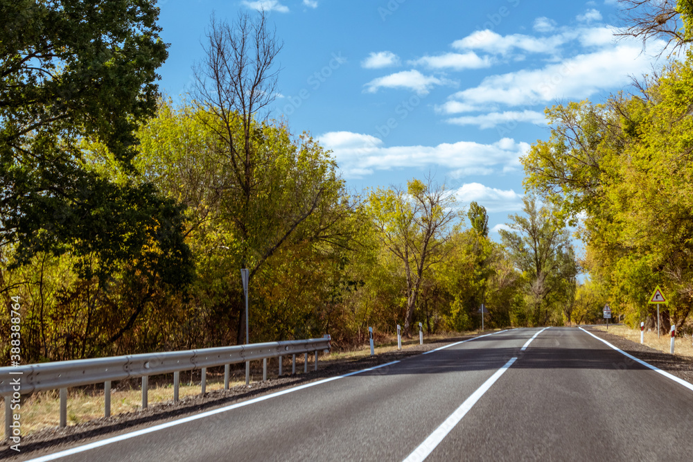 Fototapeta premium Sunny autumn scenic asphalt road way with nice white clouds and colorful trees