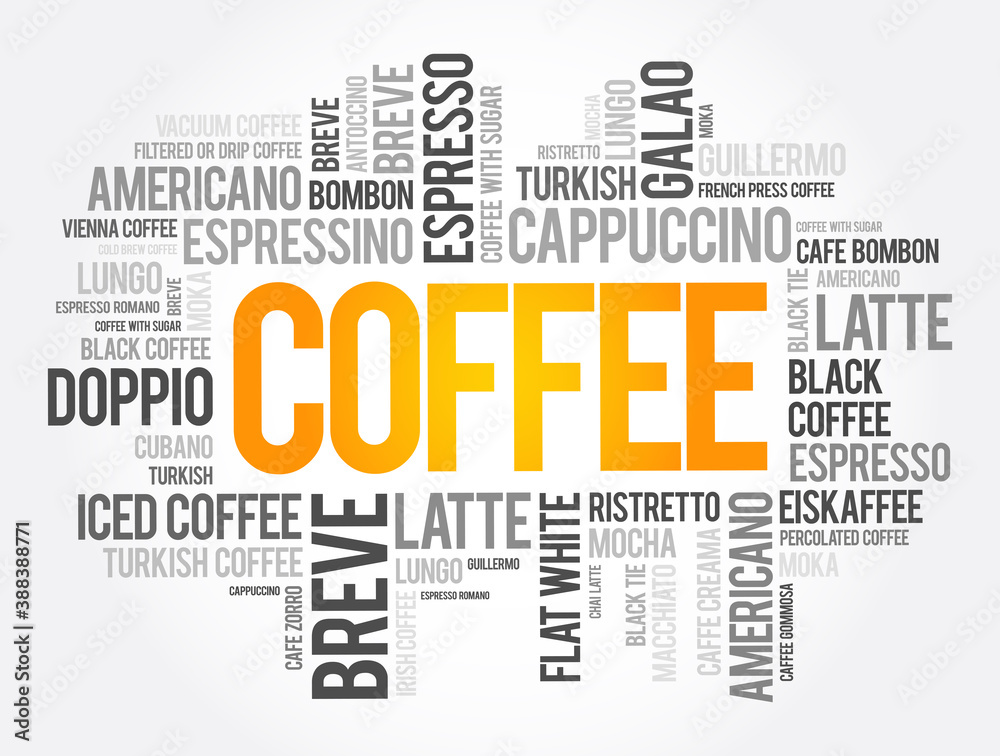 Fototapeta premium A Complete List Of Every Type of Coffee That Exists words cloud