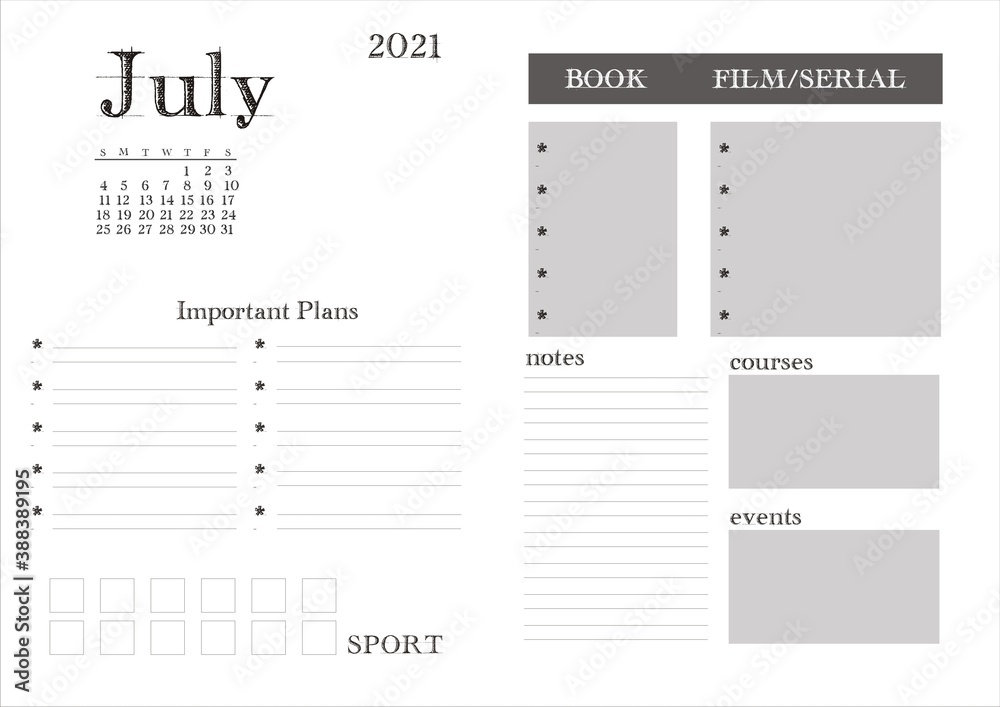 Planner for 2021. Monthly planning on July