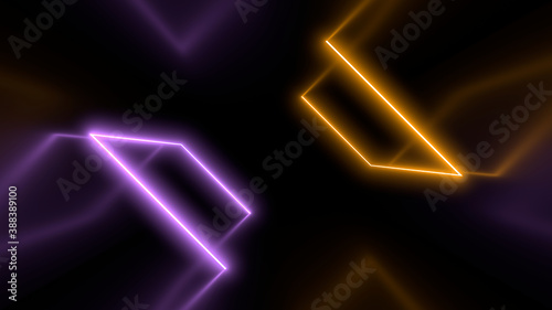 A dark corridor lit by colorful neon lights. Reflections on the floor and walls. 3d rendering image. © Andrey Shtepa
