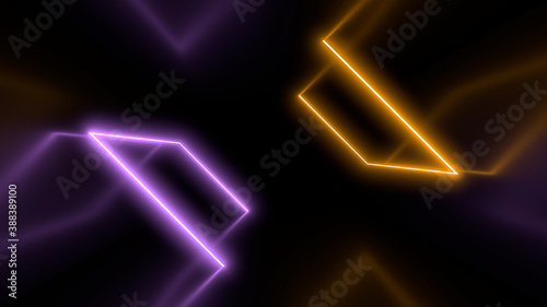 A dark corridor lit by colorful neon lights. Reflections on the floor and walls. 3d rendering image.