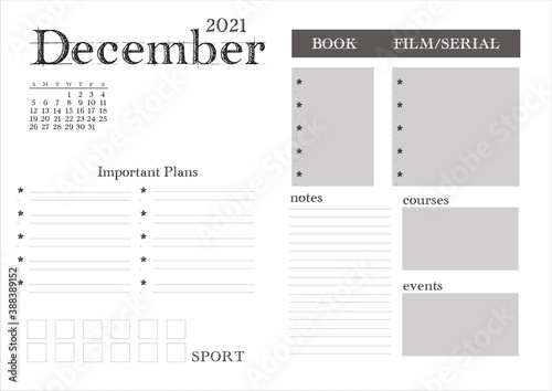 Planner for 2021. Month planner on December