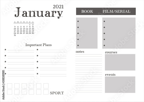 Planner for 2021. Month planning on January.