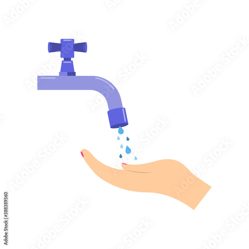 Personal hygiene icon Vector illustration in flat design Girl is washing hands under drops of water from faucet