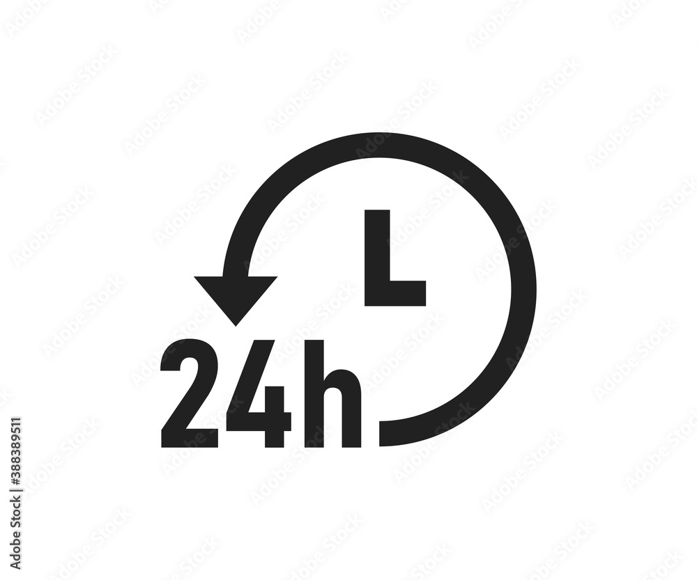 24 hour service logo. 24h delivery icon. Always open symbol. Support online in vector flat 24 hour service logo. 24h delivery icon. Always open symbol. Support online in vector flat