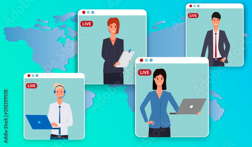International online negotiations.People communicate with each other online against the background of a map of the earth.Online meeting under quarantine.Flat vector illustration.