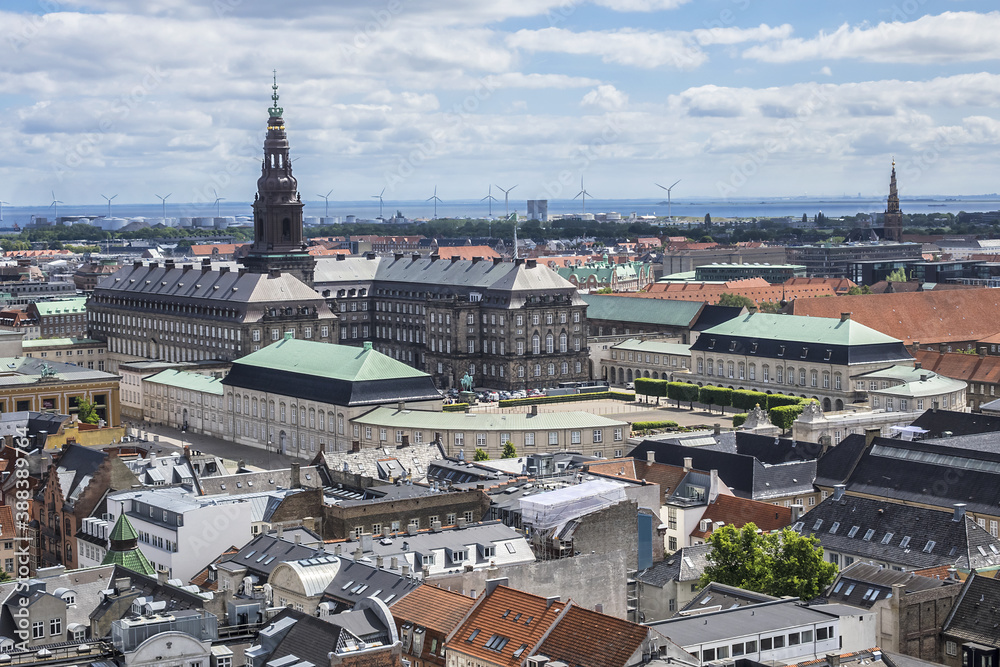 Panoramic view of Copenhagen city in sunny day from the City hall tower. Copenhagen, Denmark.