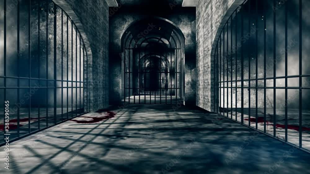 Video „Creepy Haunted Prison Corridor with Smoke,blood spatter and