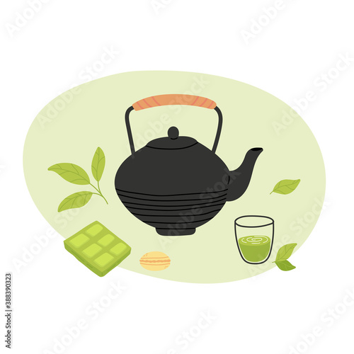 Matcha tea. Flat vector cartoon illustration of matcha tea, teapot, bamboo whisk, traditional cup, tea leaf and matcha cream cake. Design for ads, articles, and banners.