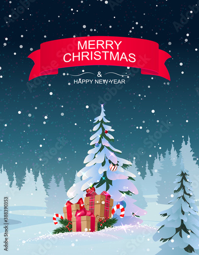 Merry Christmas illustration with snow forest, glowing fir tree and gift boxes.