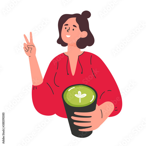 Green matcha tea serve and drink by a young woman. Matcha latte healthy drink. Herbal organic food. Japanese tea culture. Asian culture. Hand drawn vector colored trendy illustration. 