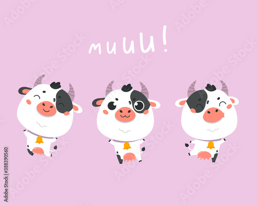 Cow cartoon. Cute farm milk animal character. Vector funny animal. Illustration of cow for printing on products and packaging containing milk.  photo