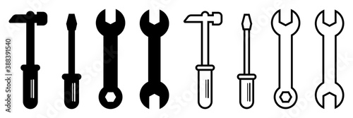 Repair service toolkit. Maintenance spanner and hammer silhouette icons. Isolated wrench and screwdriver symbols on white background. Settings pictogram. Fix emblem. Vector EPS 10. photo