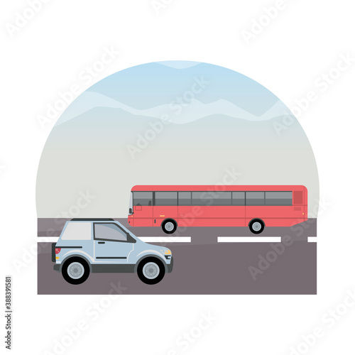 white camper and red bus vehicles mockup icon
