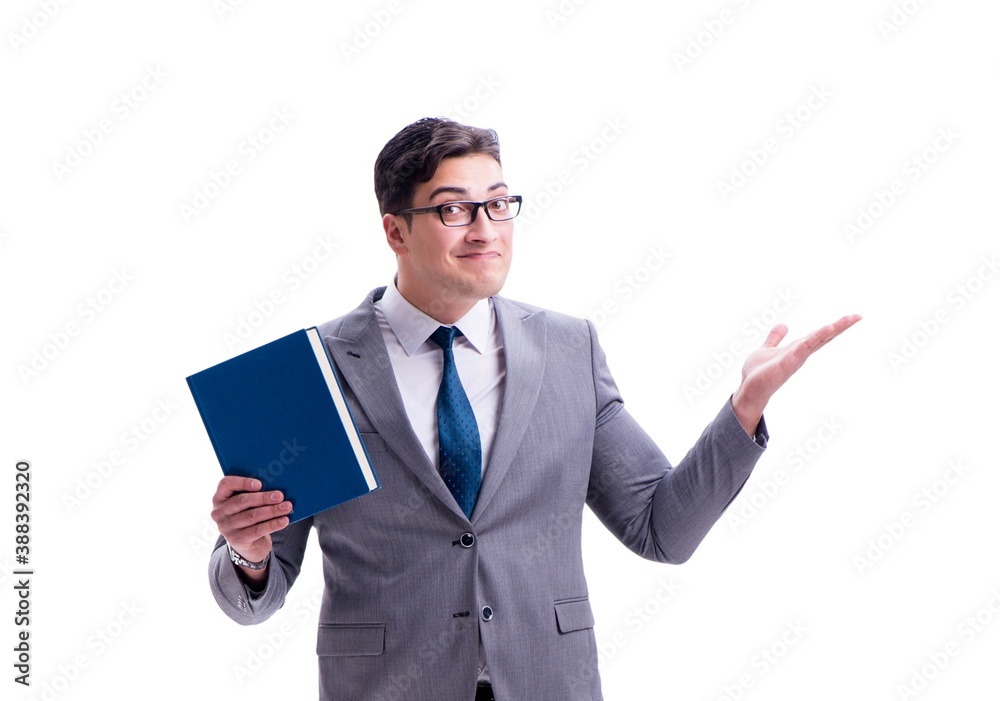 Businessman student reading a book isolated on white background Businessman student reading a book isolated on white background