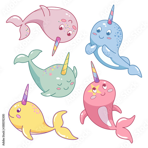 Cute seamless pattern with cartoon narwhal 