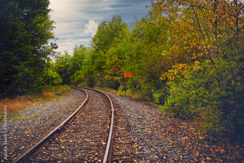 Railroad tracks during fall season in old Noranda, Quebec, Canada.