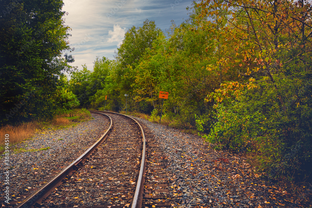 Obraz premium Railroad tracks during fall season in old Noranda, Quebec, Canada.