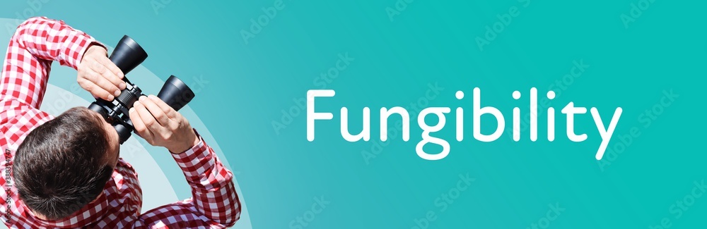 Naklejka premium Fungibility. Man observing with binoculars. Focus on text/word. Panorama format. Blue/turquoise background.