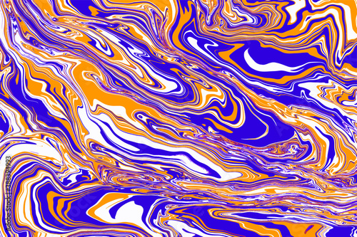 Fluid art texture. Abstract backdrop with swirling paint effect. Liquid acrylic picture with artistic mixed paints. Can be used for baner or wallpaper. Violet  white and golden overflowing colors. EPS