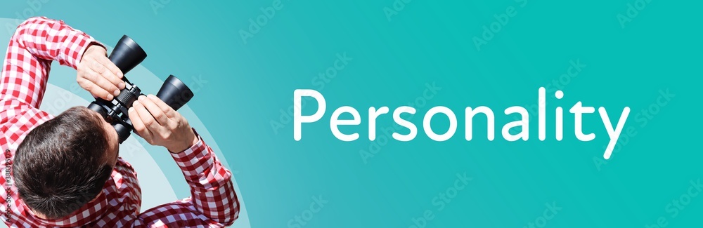 Naklejka premium Personality. Man observing with binoculars. Focus on text/word. Panorama format. Blue/turquoise background.