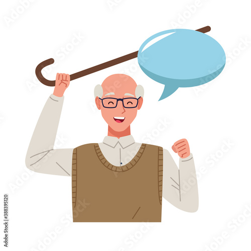 happy old man celebrating with cane chararacter