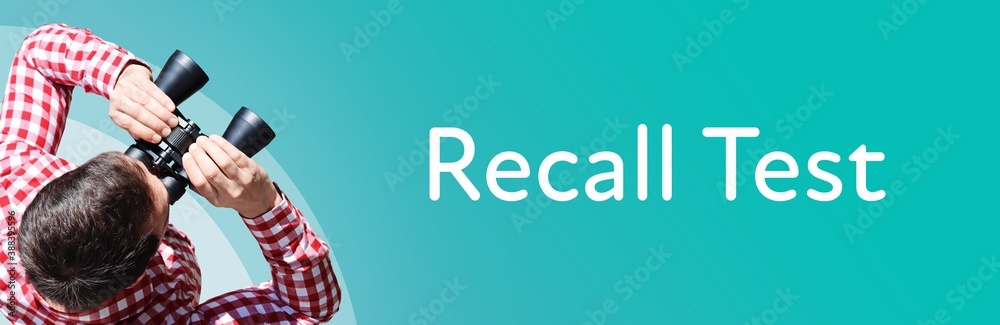Naklejka premium Recall Test. Man observing with binoculars. Focus on text/word. Panorama format. Blue/turquoise background.