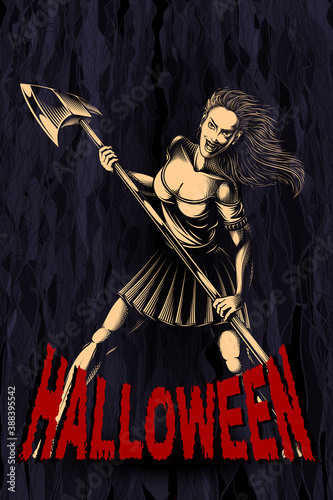 Retro poster design template for Halloween party. The woman character with big axe is smiles. Vector vintage illustration in old fashioned noir hatching engraved ink comic book style for print design