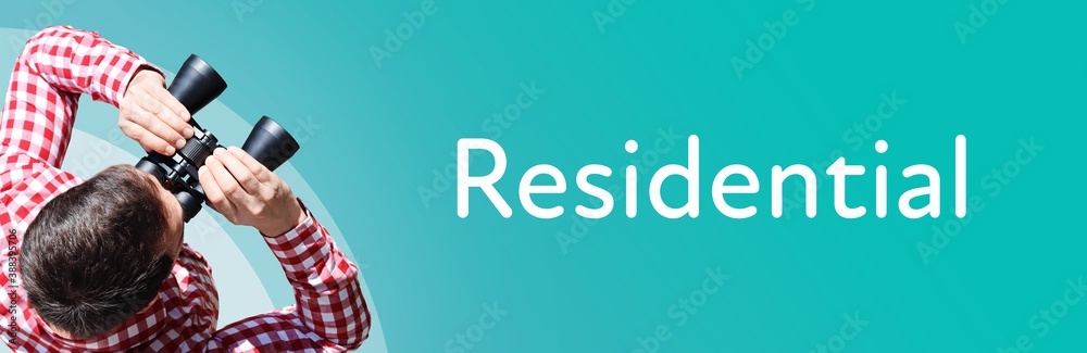 Fototapeta premium Residential. Man observing with binoculars. Focus on text/word. Panorama format. Blue/turquoise background.