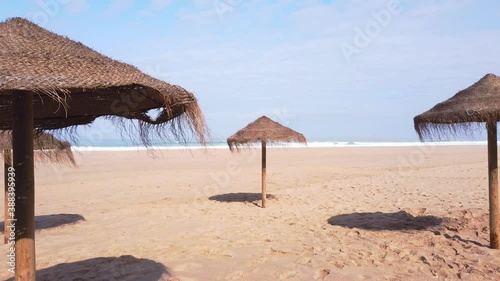 traw umbrella on peaceful beach with blue sea and sky background photo