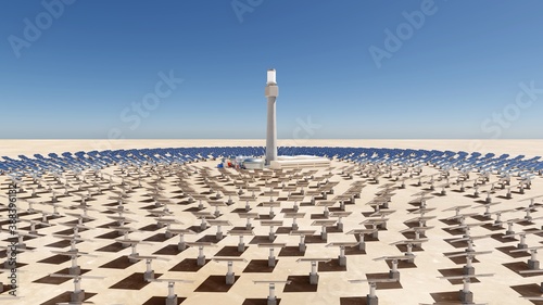 Solar thermal energy plant with a circular array of collectors. Clean energy, modern technology concept. Digital 3D render.