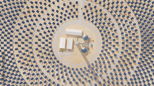 Solar thermal energy plant with a circular array of collectors. Clean energy, modern technology concept. Digital 3D render. photo