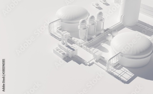 Tanks, pipelines and industrial equipment in a refinery. Oil, chemical industry concept. Digital 3D render with white material effect.
