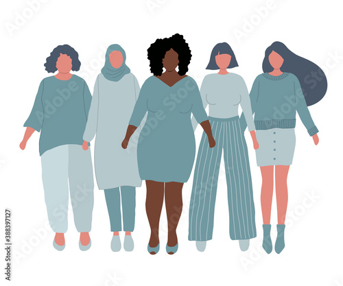 Diverse group of women are stand together. International Women's Day concept. Women's community. Female solidarity. Women silhouettes of different races. Vector illustration.