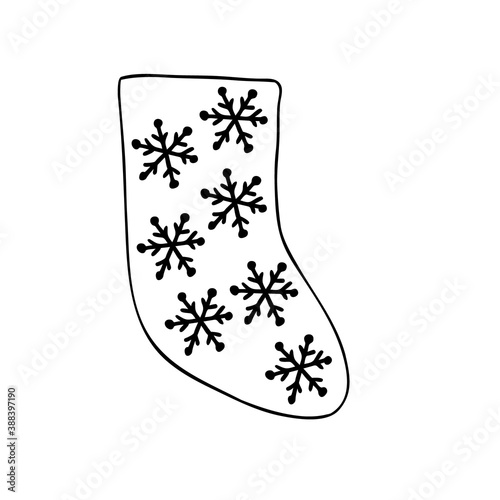 Christmas stocking simple hand drawn in doodle style vector outline illustration for coloring page, greeting cards, family gatherings winter holidays design, wintertime festive period celebration