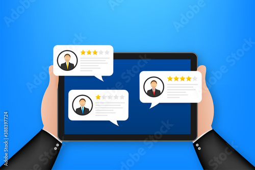 Review rating bubble speeches on tablet illustration, flat style smartphone reviews stars with good and bad rate and text.