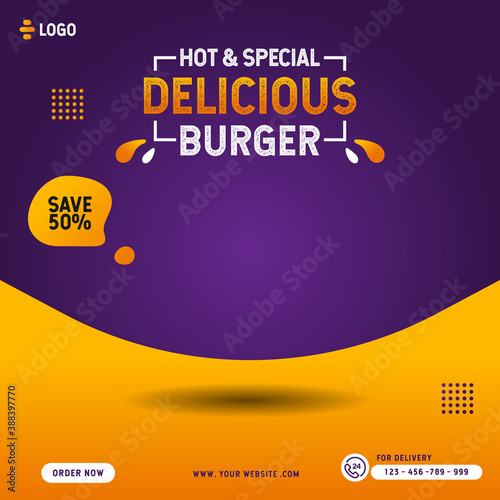 Hot and delicious burger social media post template design